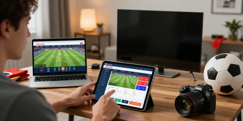 DewaGG user engaging with live betting on tablet in a cozy sports-themed setup