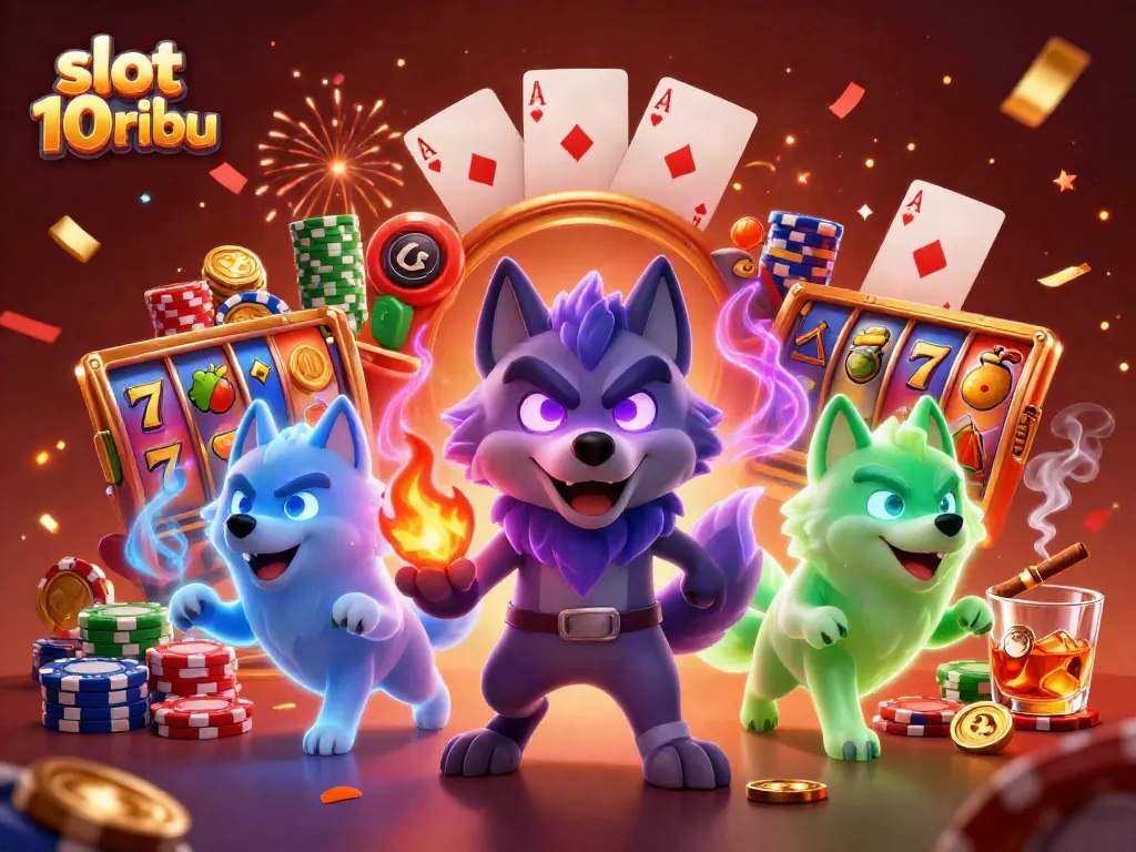 Spin the reels with slot 10 ribu amidst vibrant gaming elements and mystical wolf spirits.