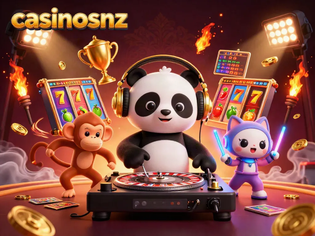 Join the fun at casinosnz featuring a DJ panda, breaking monkey, and glow-stick kitten in a vibrant casino scene.