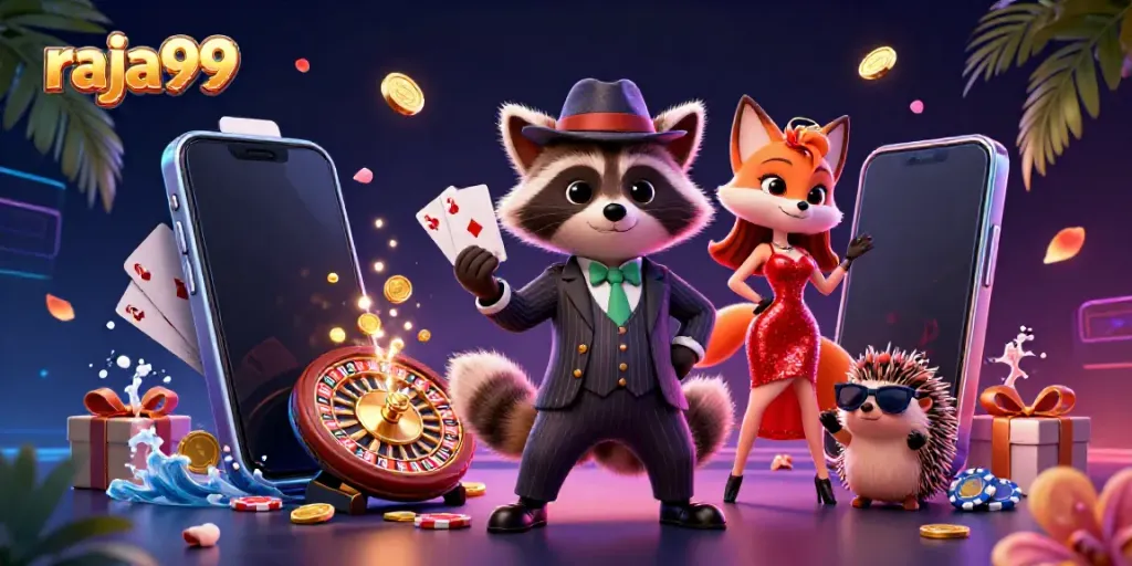 Experience the excitement of raja99 with a dynamic, colorful 3D casino illustration.