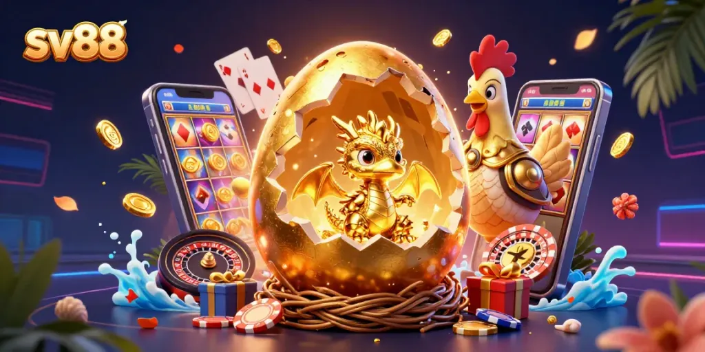 Win big at sv88 with a dazzling golden dragon in a vibrant casino-themed 3D illustration.