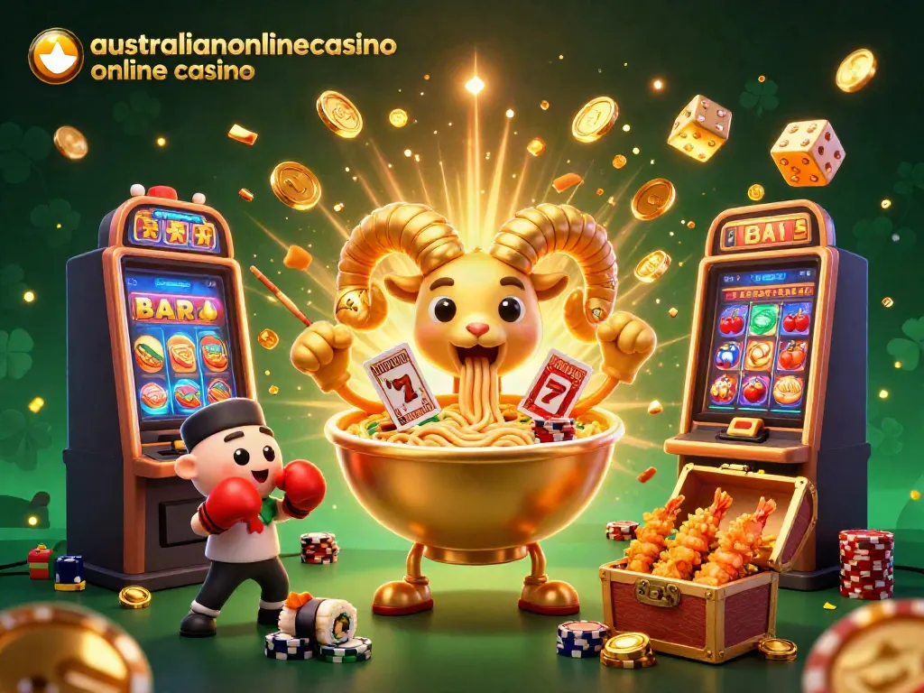 Experience the thrill at australianonlinecasino online casino with a 3D ramen bowl dealer amidst cinematic casino chaos.