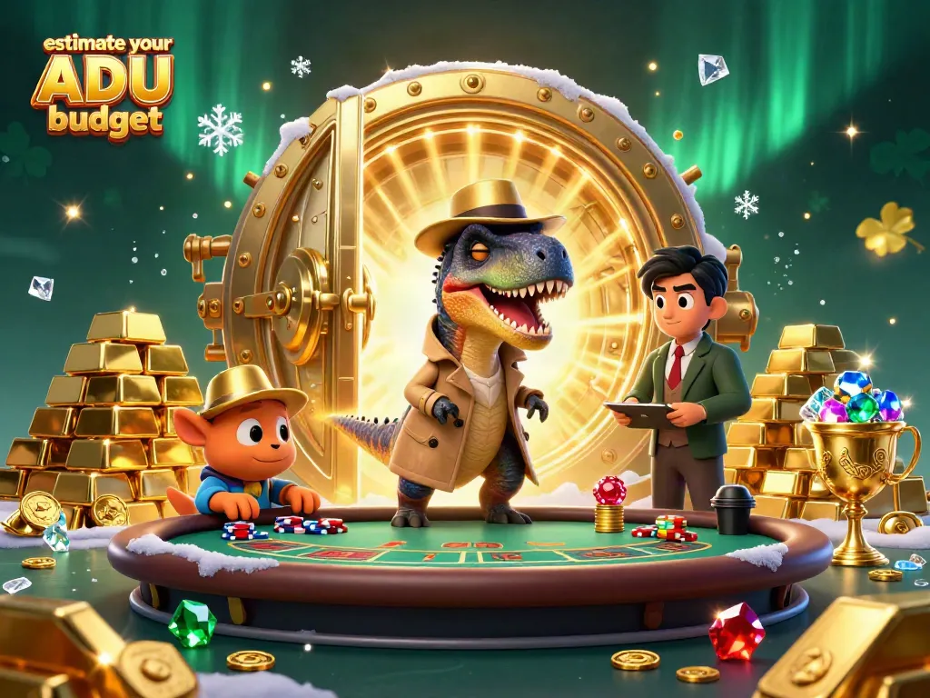 Estimate your ADU budget with playful dinosaurs at a blackjack table surrounded by casino riches.