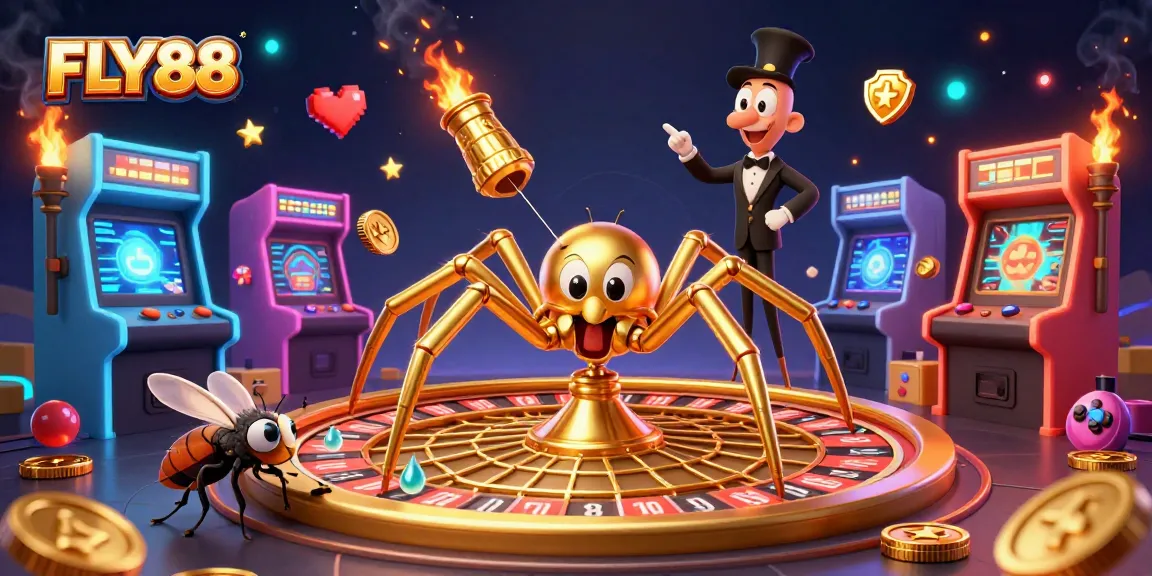 FLY88 offers a thrilling experience as a fly places bets at a roulette wheel spun by a golden spider.