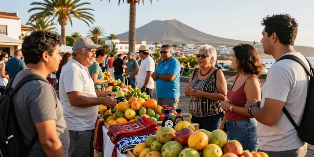 Canarian news scene at a local market showcasing vibrant fruits and crafts.