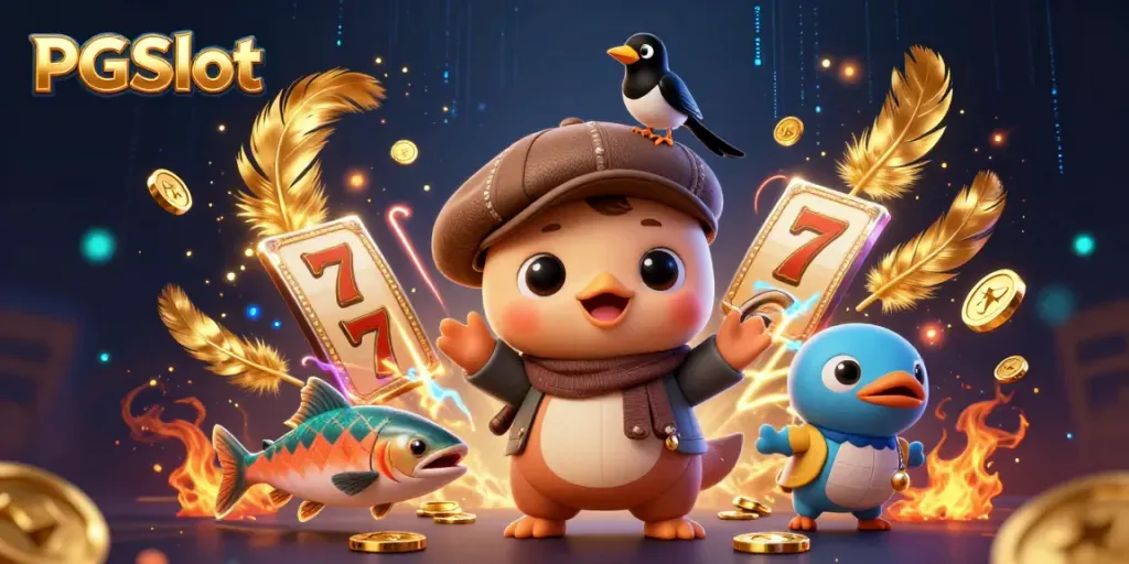 Join the fun with PGSlot, featuring playful 3D characters amidst casino elements and jackpots.