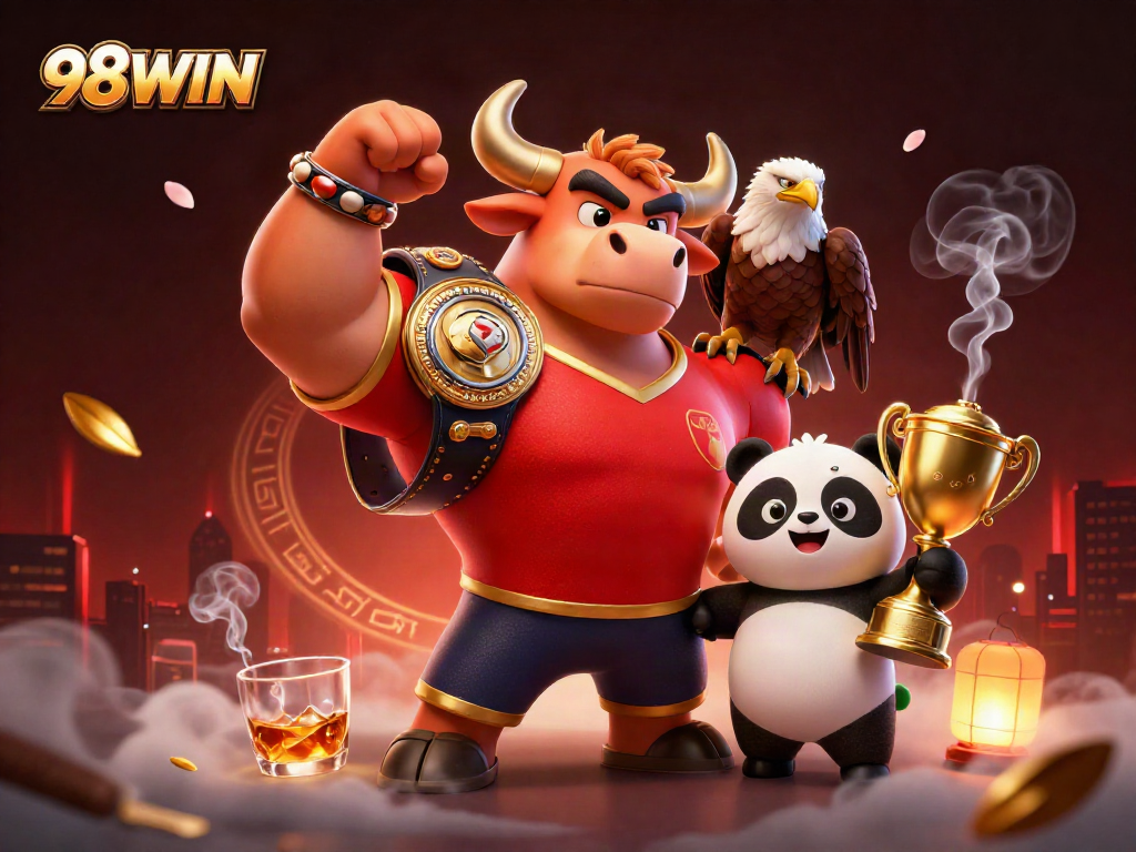 Experience winning at 98WIN with the bull mascot celebrating victory in a vibrant casino scene.