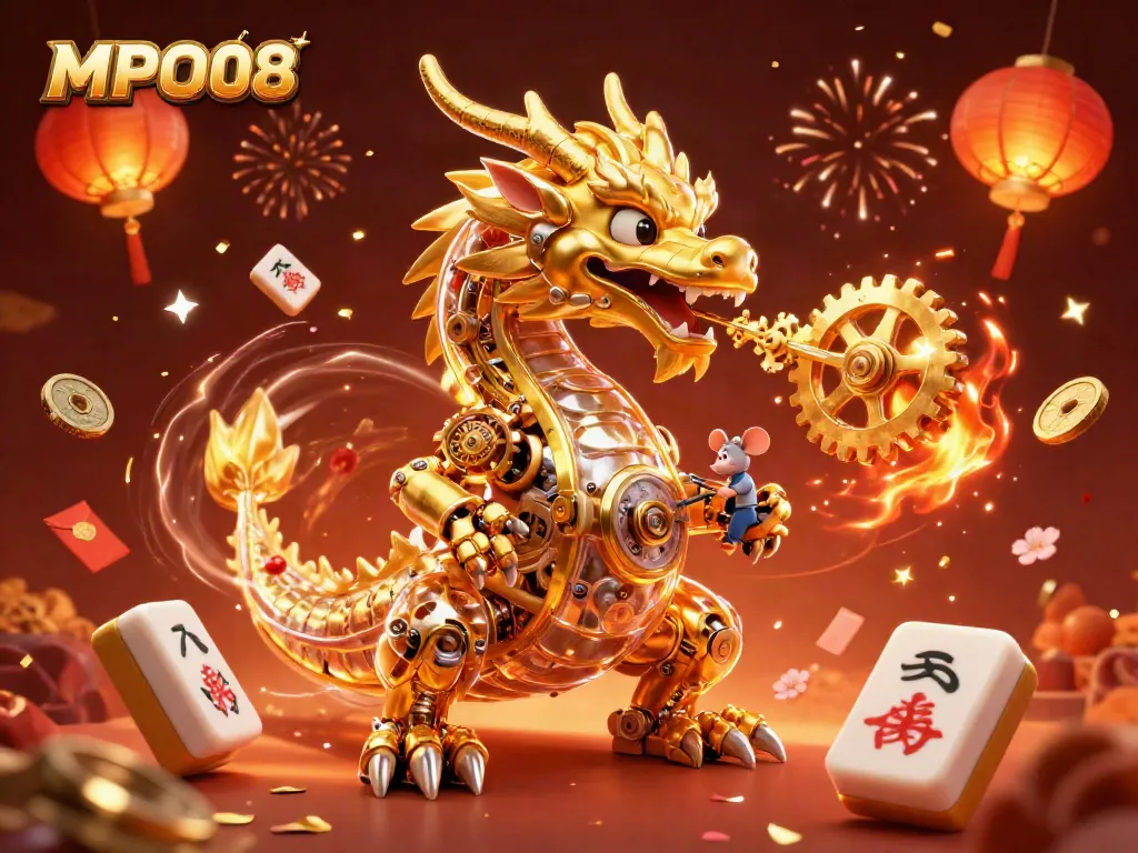 MPO08 showcases a golden dragon interacting with extravagant casino elements, including mahjong tiles and lucky red envelopes.