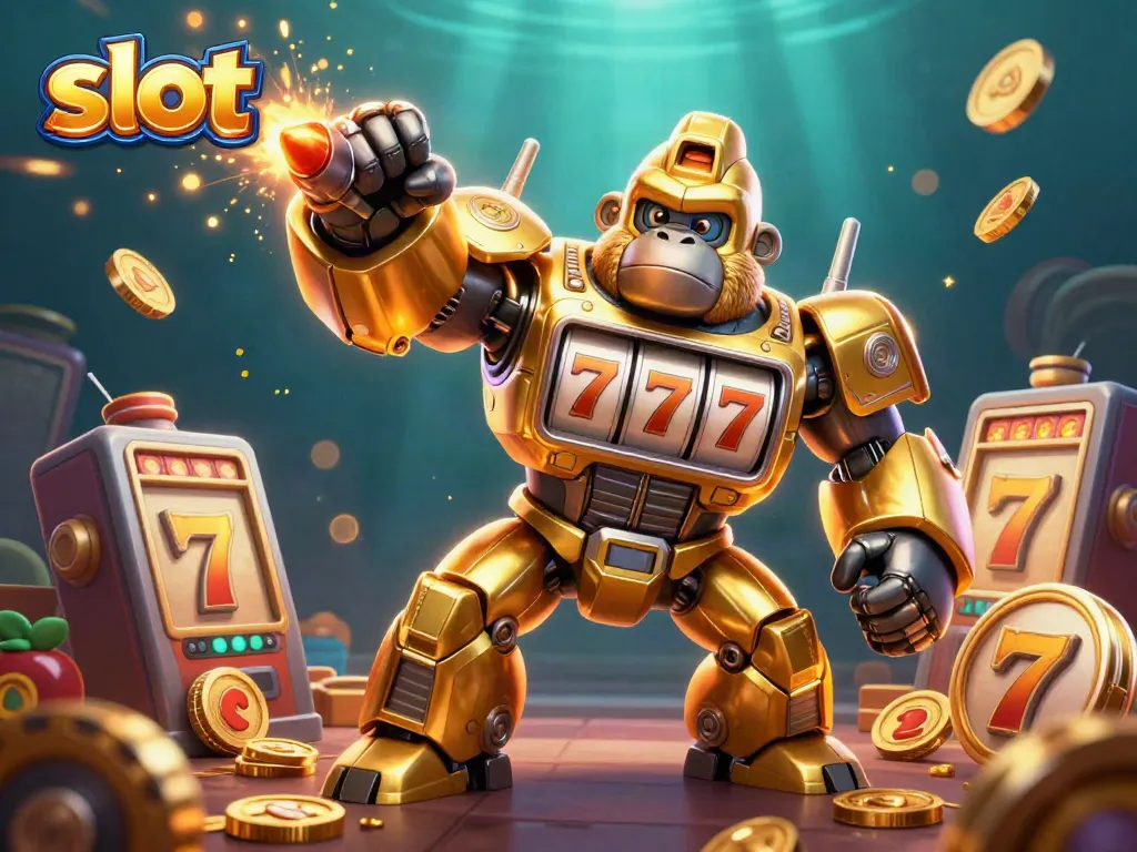 Engaging slot gaming scene with a golden gorilla mech showcasing its slot machine parts and dynamic jackpot action.