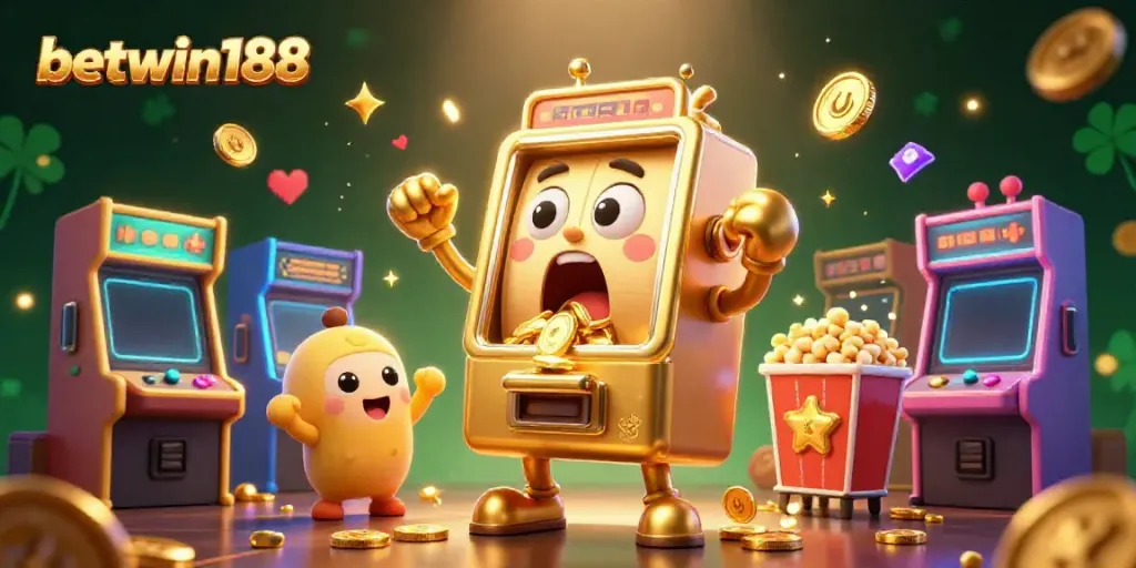 Main slot machine jackpot di betwin188 dikelilingi mesin slot kecil dan popcorn, penuh koin emas.