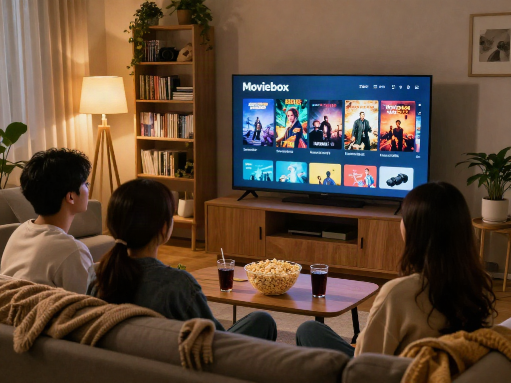 Enjoying Moviebox apk in a cozy living room with friends, colorful movie selections visible.