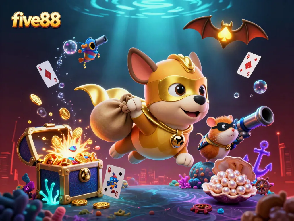 Join five88's thrilling adventure with a superhero dog and hamster amidst a dazzling casino undersea backdrop.