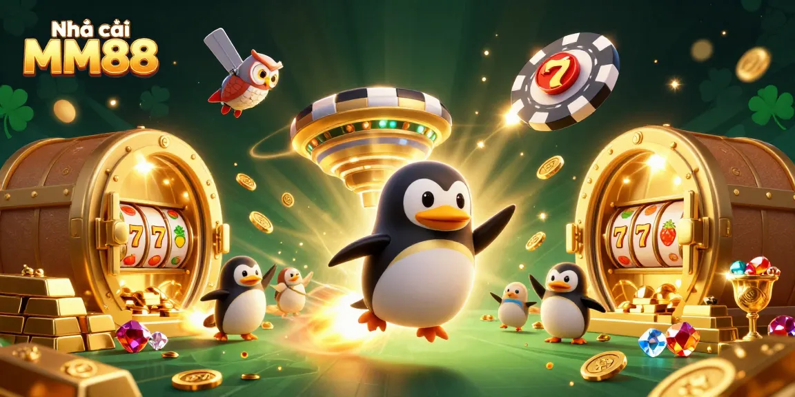 Join the adventure with Nhà cái MM88's golden penguin racing to a casino space station amidst treasures!