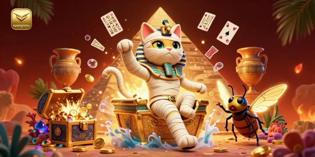 Eyangnow captivates with a lively casino atmosphere featuring an Egyptian mummy cat and glowing scarab beetle.
