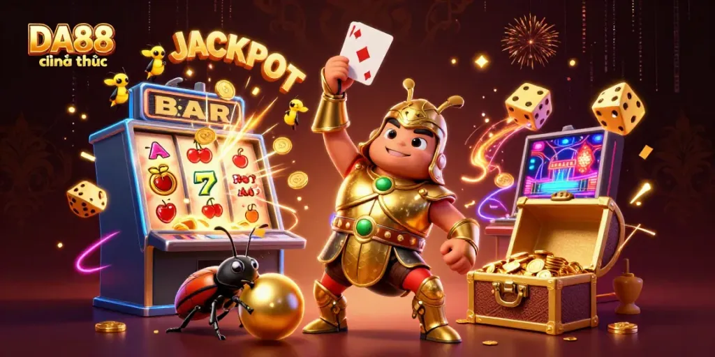 Experience DA88 chính thức with a victorious beetle presenting a poker chip, surrounded by casino excitement