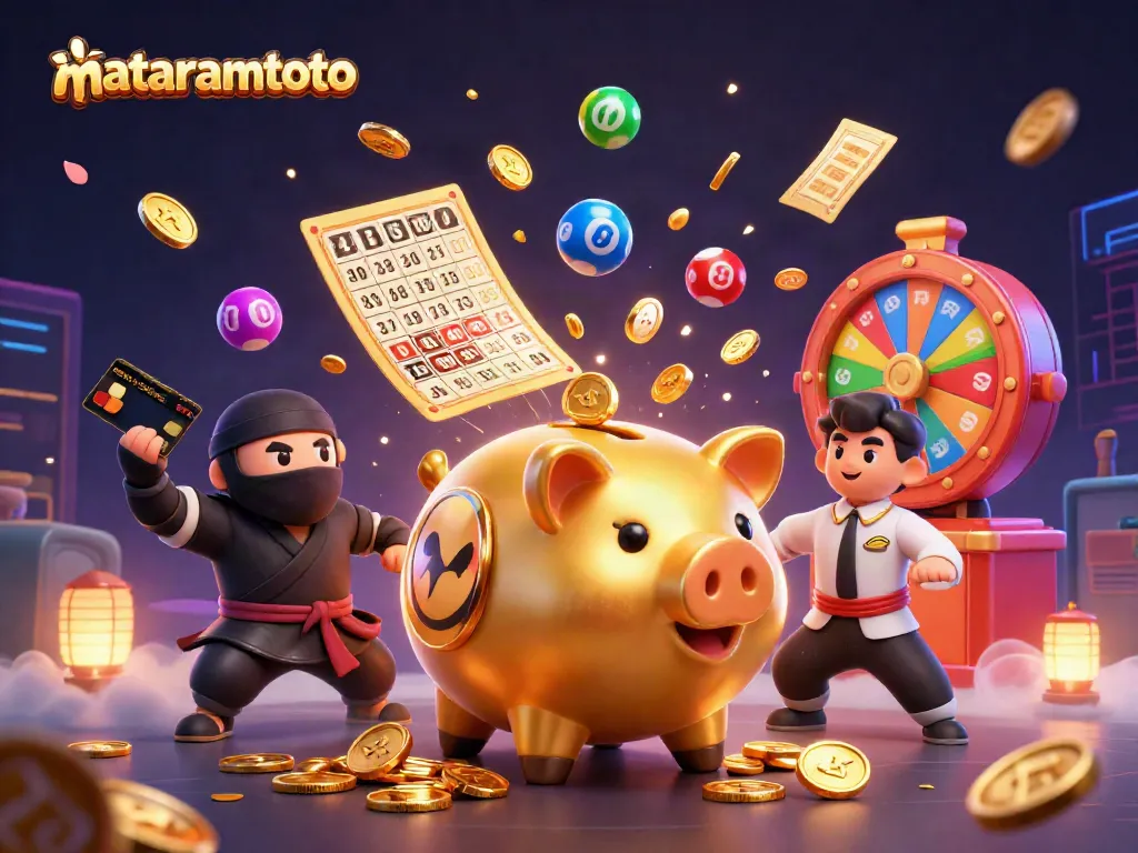 Play and win with mataramtoto in a vibrant, 3D lively casino illustration featuring lottery and gaming elements.