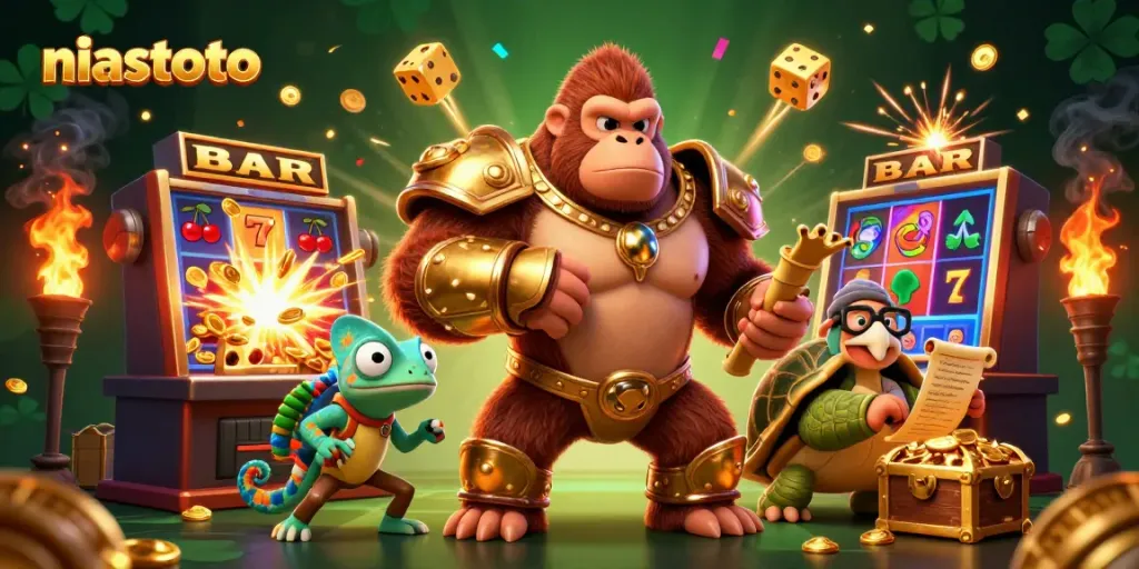 Gambarlah niastoto dengan raja gorila kuat mengenakan armor emas, melihat jackpot mesin slot.