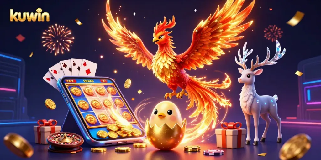 Kuwin captures intense casino energy with a blazing phoenix and vibrant gaming elements, engaging players.