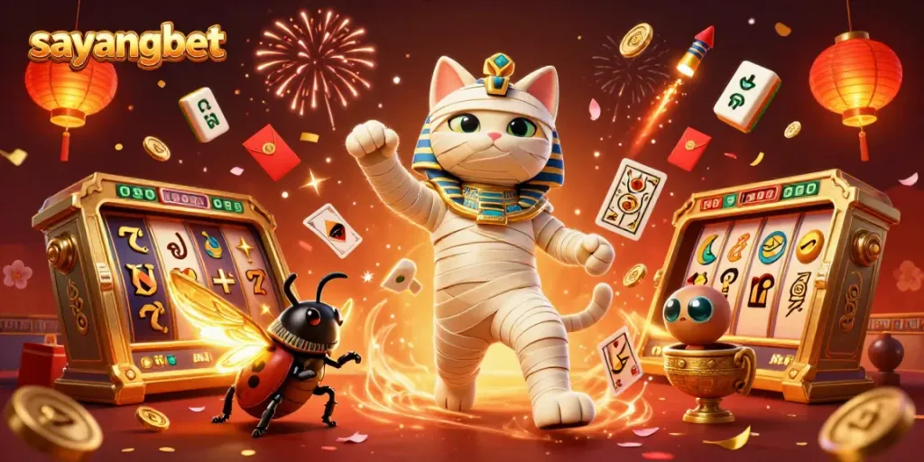 Experience the thrill of sayangbet with an Egyptian mummy cat and scarab beetle in a vibrant pyramid casino.