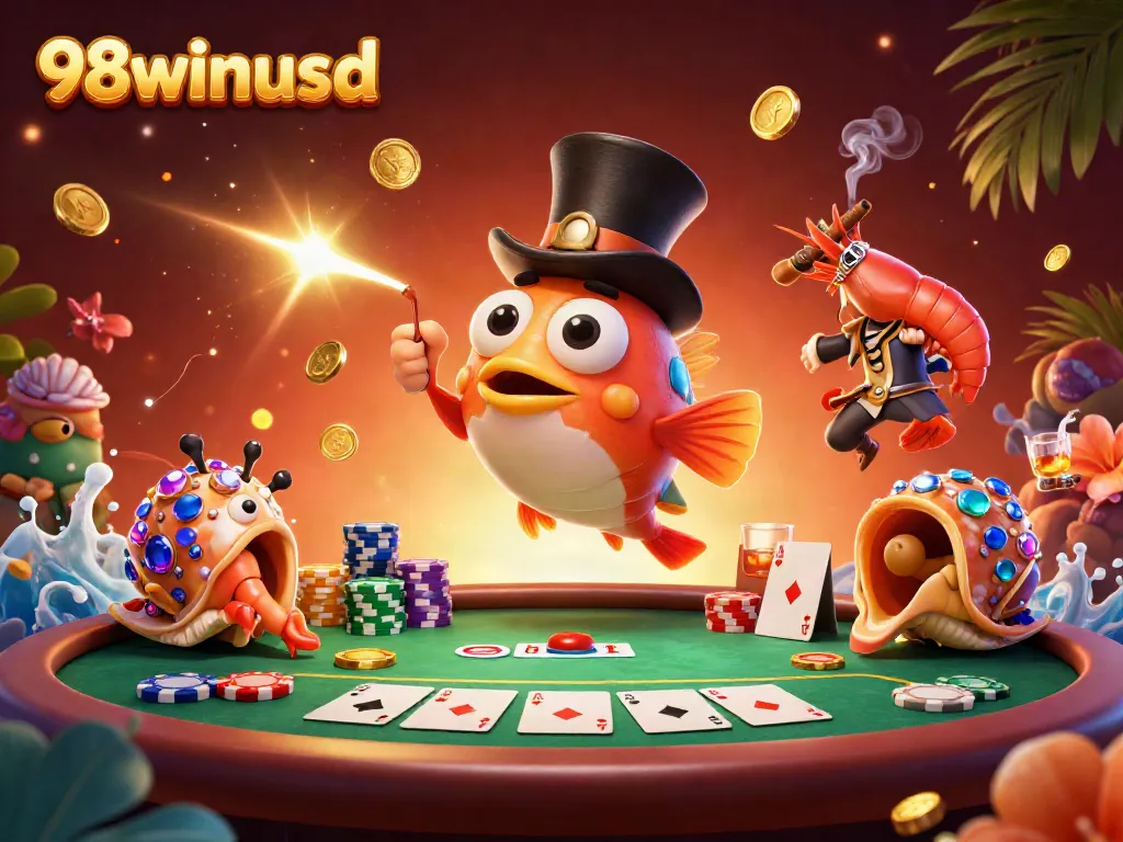 Win big with 98winusd as glowing coins and poker chips illuminate the 3D gaming scene.