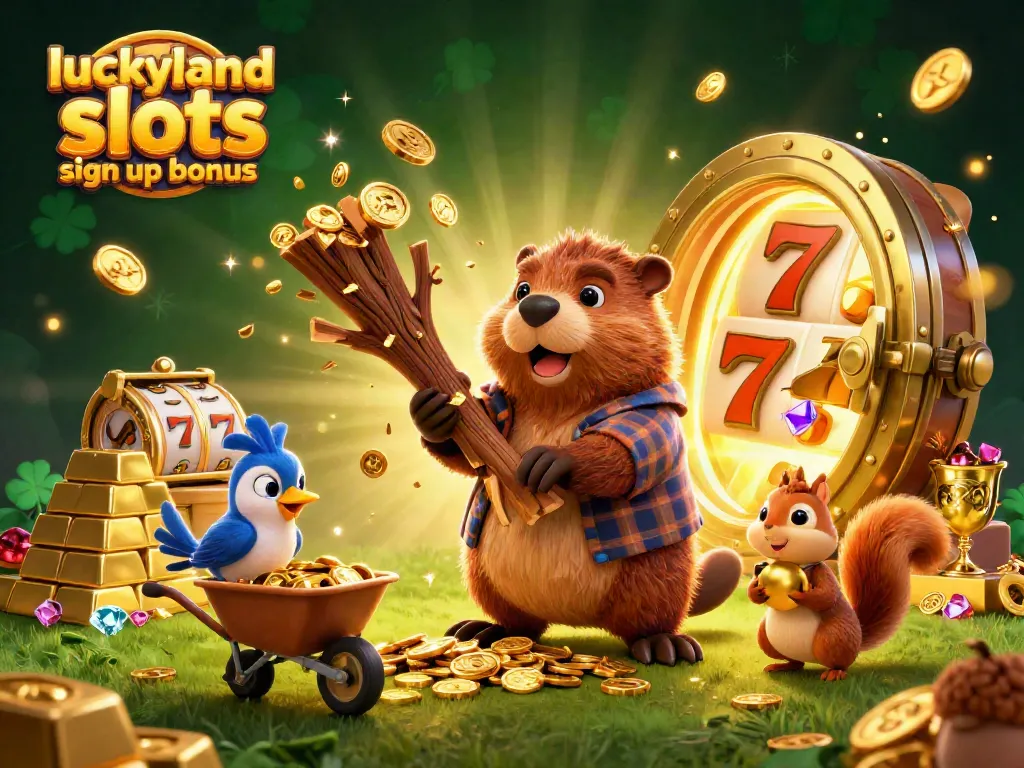 Experience the luckyland slots sign up bonus with playful characters amidst golden winnings.
