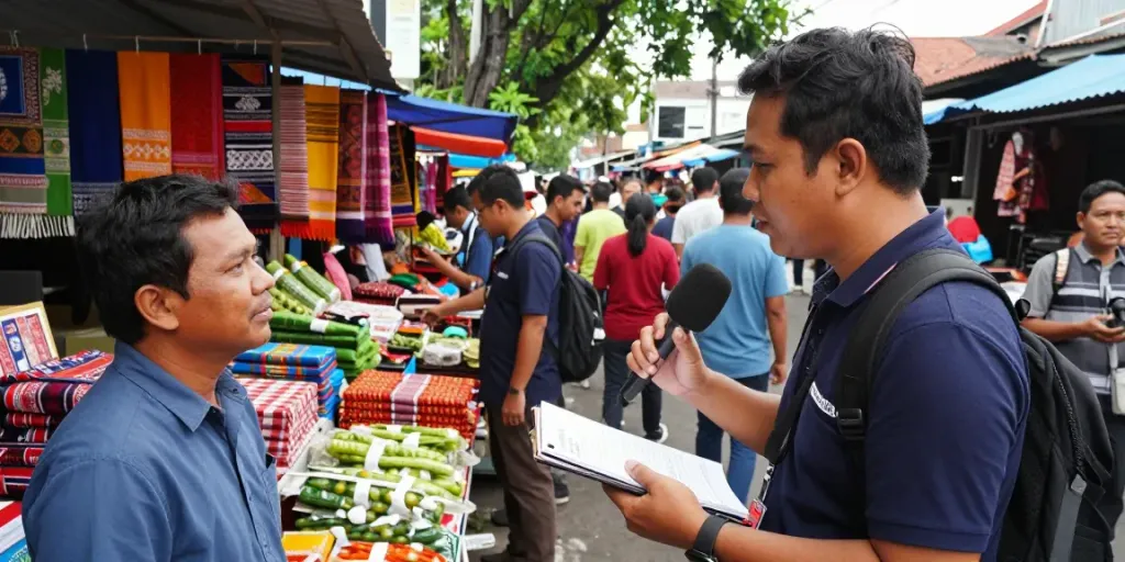 Journalist from lornematthews.com interviewing in Bandar Lampung's vibrant market.
