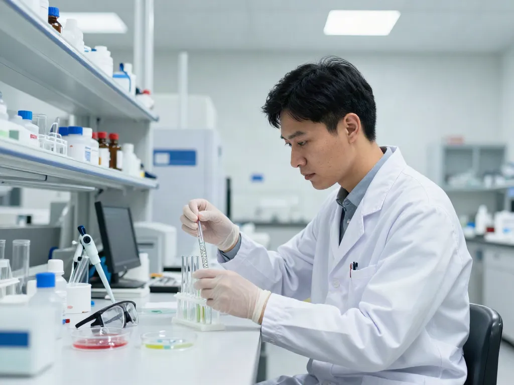 Scientist working with ac peptide samples in a modern lab setting.