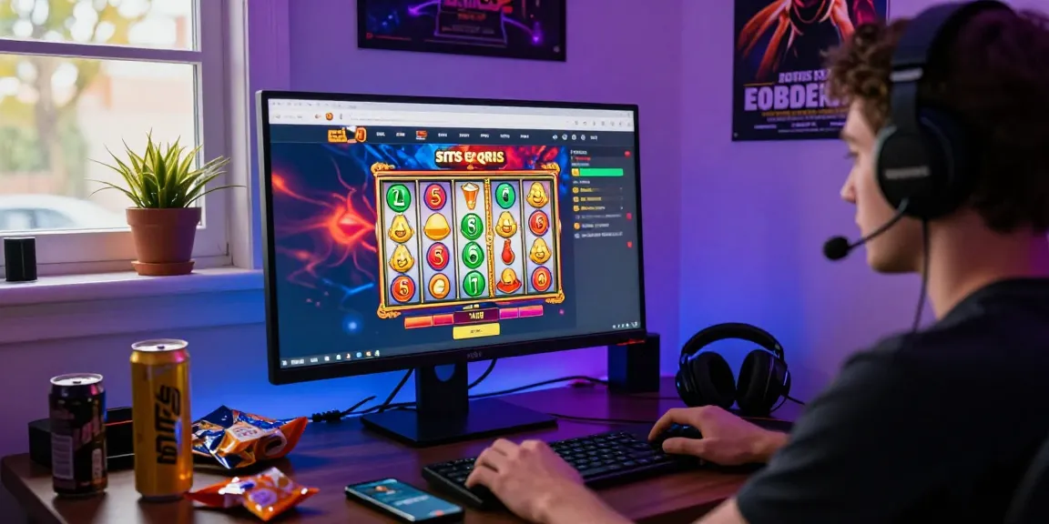 Engaged gamer experiencing situs slot qris excitement at home with vibrant visuals and gaming gear.