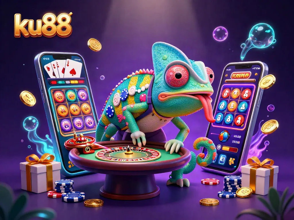 Experience thrill at ku88 with a vibrant chameleon casino owner amidst dynamic gaming elements.