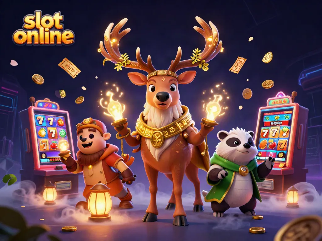 Engage with slot online games in this vibrant 3D scene featuring symbols and characters.