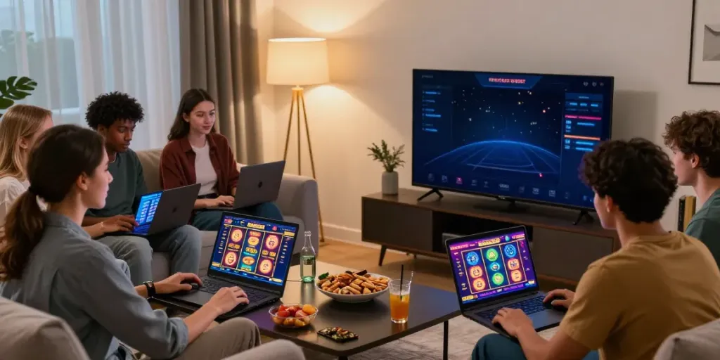 Exciting gaming moment showcasing situs slot gacor thailand with friends in a cozy setting.