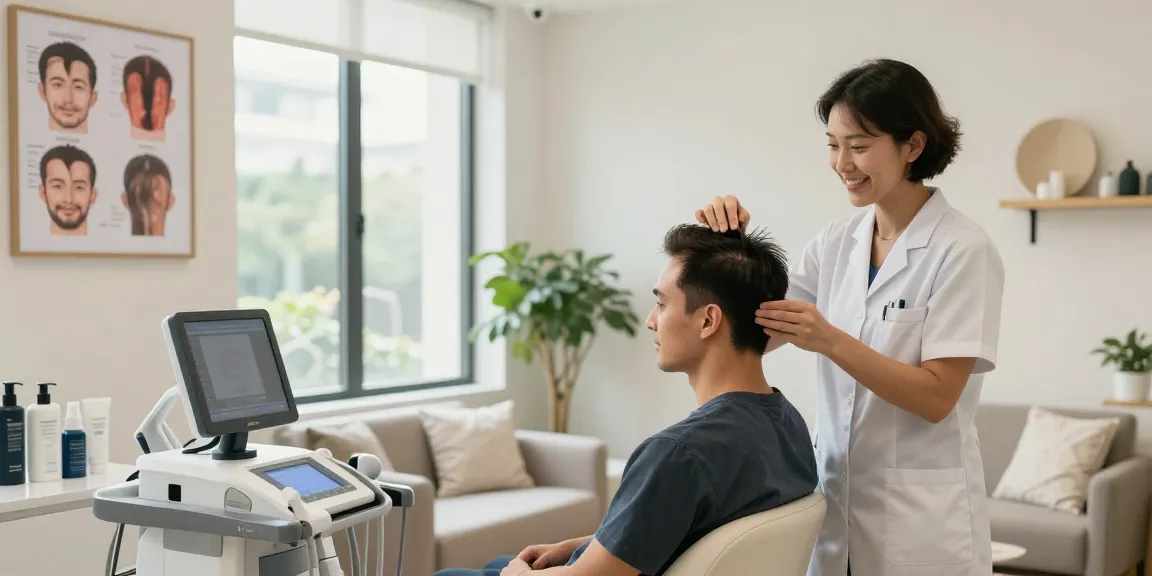 Hair transplant turkey cost consultation featuring a patient discussing post-treatment with a friendly expert in a modern clinic.