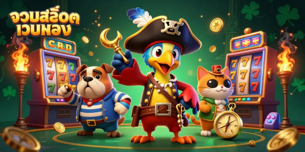 Engage with the thrilling world of รวมสล็อตเว็บตรง featuring a 3D pirate-themed slot scene with vibrant characters and slot machines.
