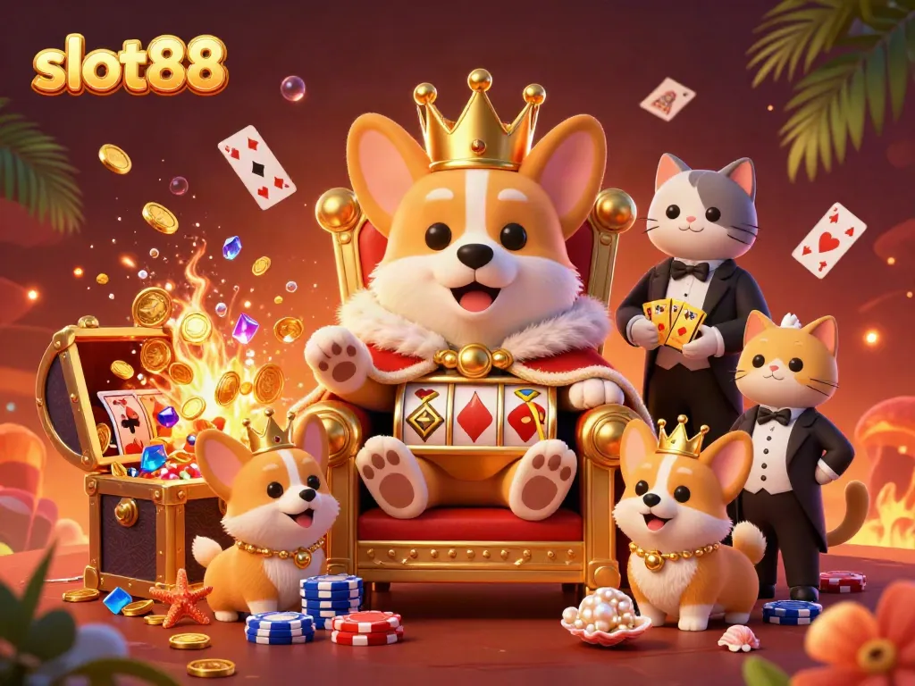 Experience the gaming excitement with slot88 as corgis celebrate on a vibrant casino throne.