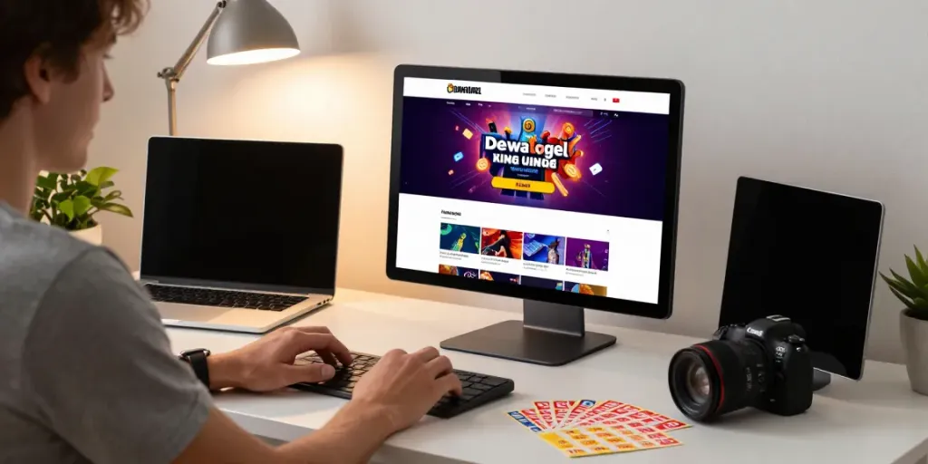 Pengguna terlibat dalam platform Dewatogel dengan perangkat modern yang menunjukkan antarmuka menarik dan tiket lotere di meja kerja.