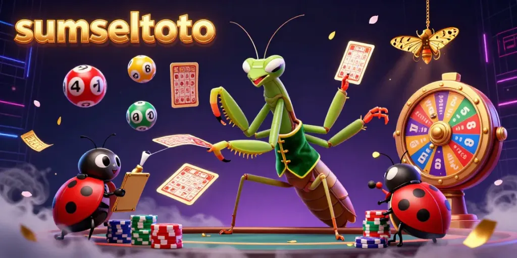 Sumseltoto illustrates a giant mantis card sharp and ladybug pit boss amidst vibrant gambling elements.