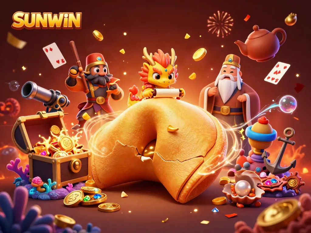 Experience the thrill of SUNWIN with a golden fortune cookie cracking open, revealing treasure and excitement.