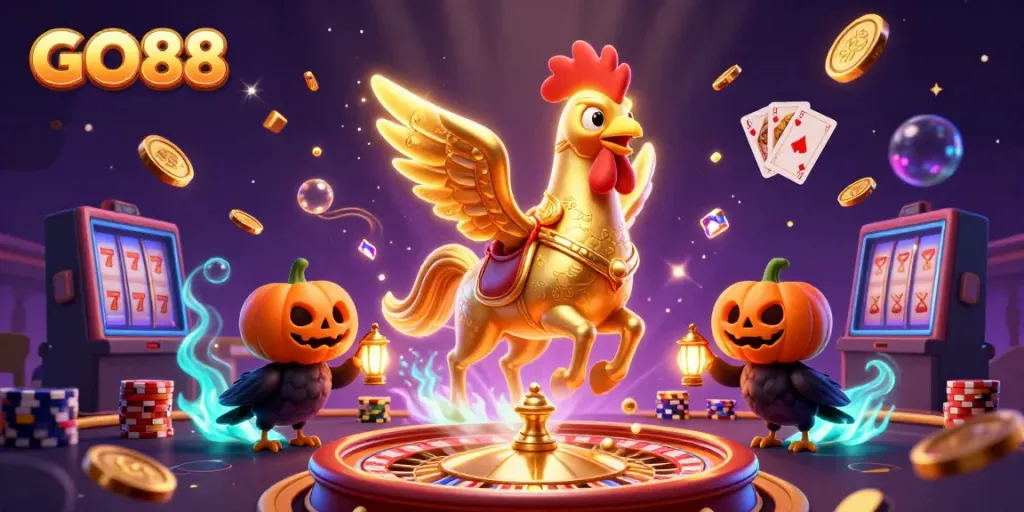 Experience GO88's thrilling casino adventure with a golden rooster and dazzling games.