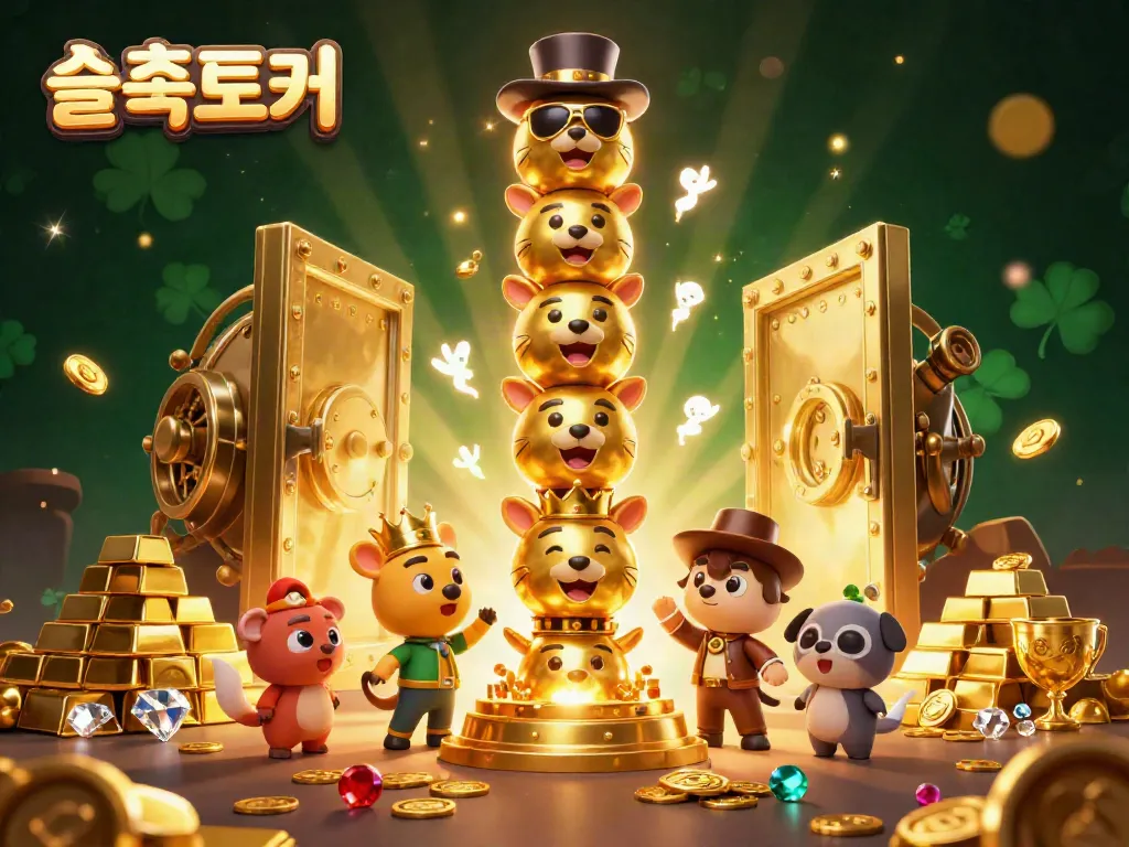 Engage with 슬롯토커's vibrant world of slots, showcasing a playful golden totem and treasure amidst dazzling gems.