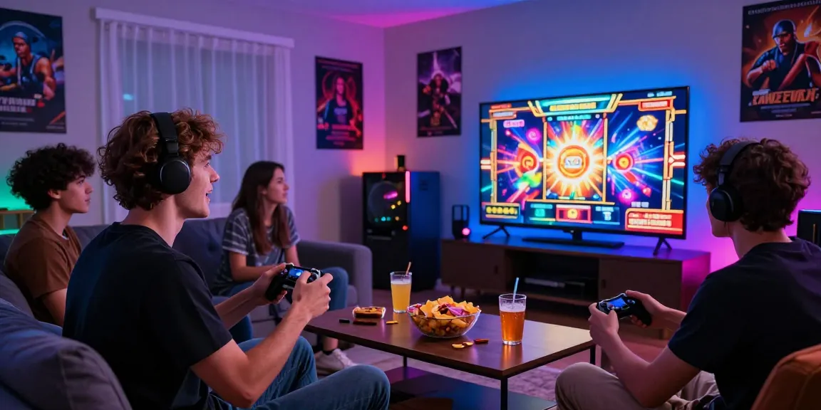 Friends enjoying an exciting bandar slot gaming session in a cozy living room with vibrant visuals.