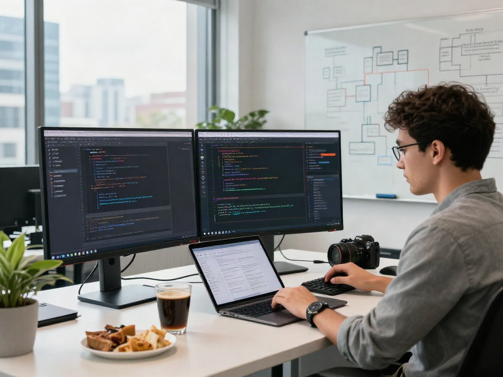 Developer coding on dual monitors in a modern workspace featuring pikashow interface design and vibrant tech elements.
