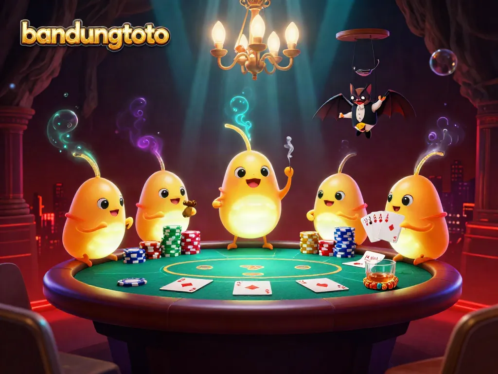 Engaging scene of bandungtoto casino with glowworms and a bat dealer, vibrant poker action.
