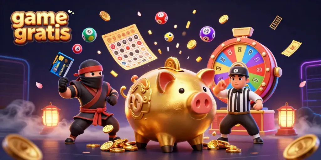 Experience game gratis with an animated 3D scene of a golden piggy bank sumo wrestler and lively game elements.